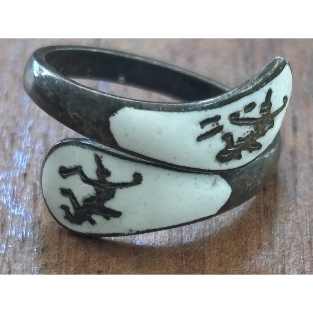 Vtg Siam Niello Dancers White Enamel Sterling Silver Wrap Ring Adjustable Sz 5-6